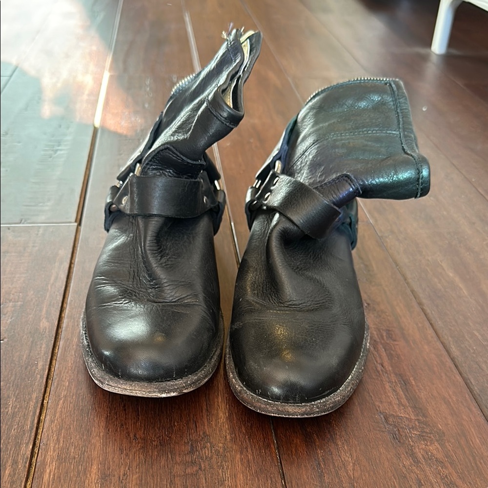 Frye Black Leather Ankle Boots with Buckles